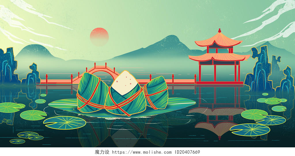 海报背景背景国潮端午节端午唯美古风风景杭州西湖插画海报